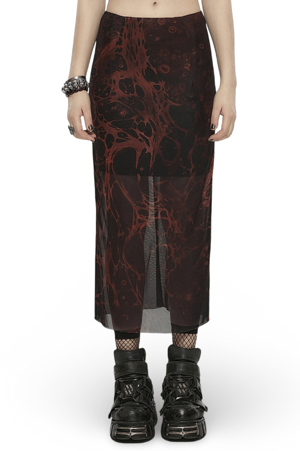 Punk Rave Gothic Lava Midi Skirt featuring an irregular lava pattern, paired with edgy black shoes and fishnet tights.