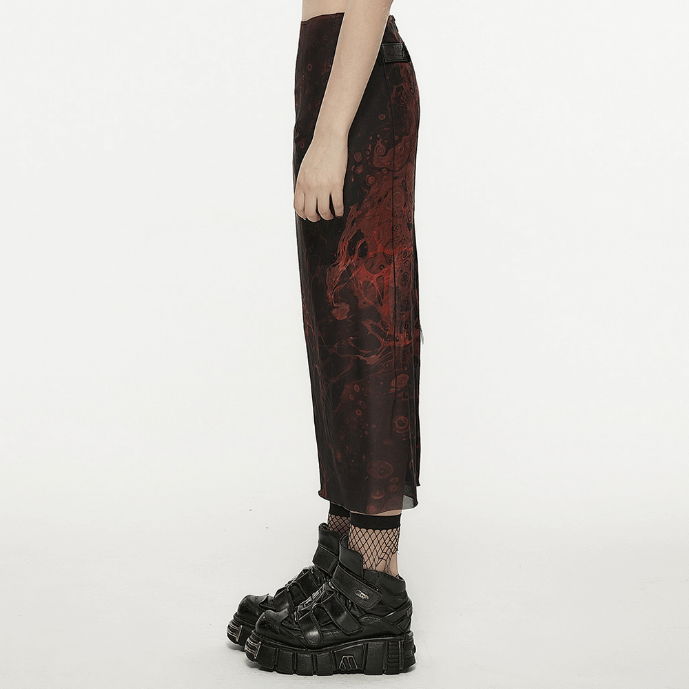 Punk Rave Gothic Lava Skirt - Irregular Printed Gauze Midi