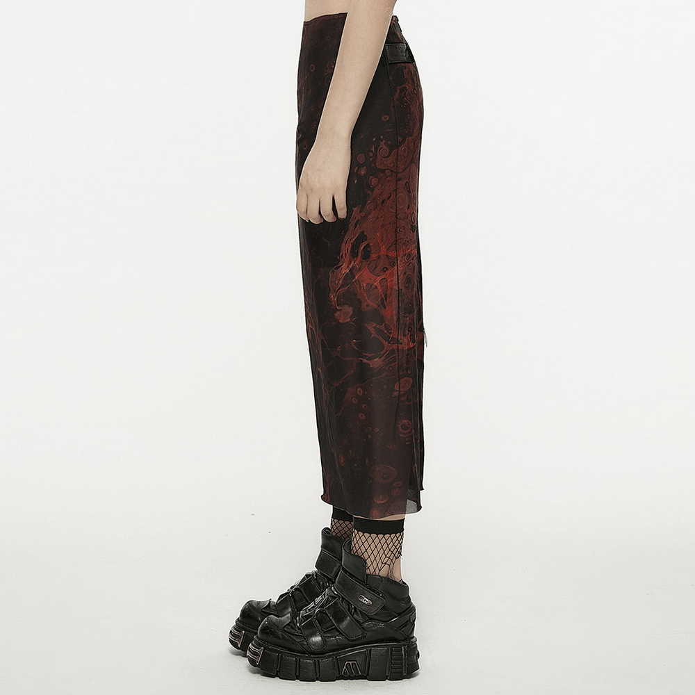 Punk Rave Gothic Lava Skirt showcasing irregular lava pattern and edgy style, paired with chunky black platform shoes.
