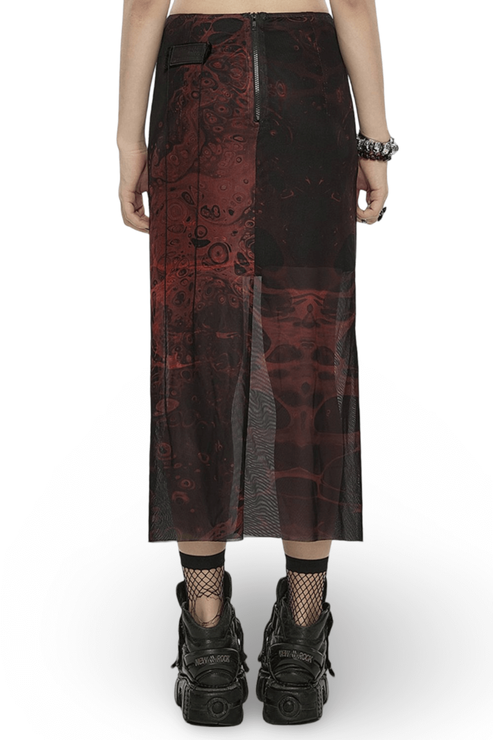 Back view of Punk Rave Gothic Lava Midi Skirt with irregular lava pattern and rubber zipper, styled with chunky black boots.