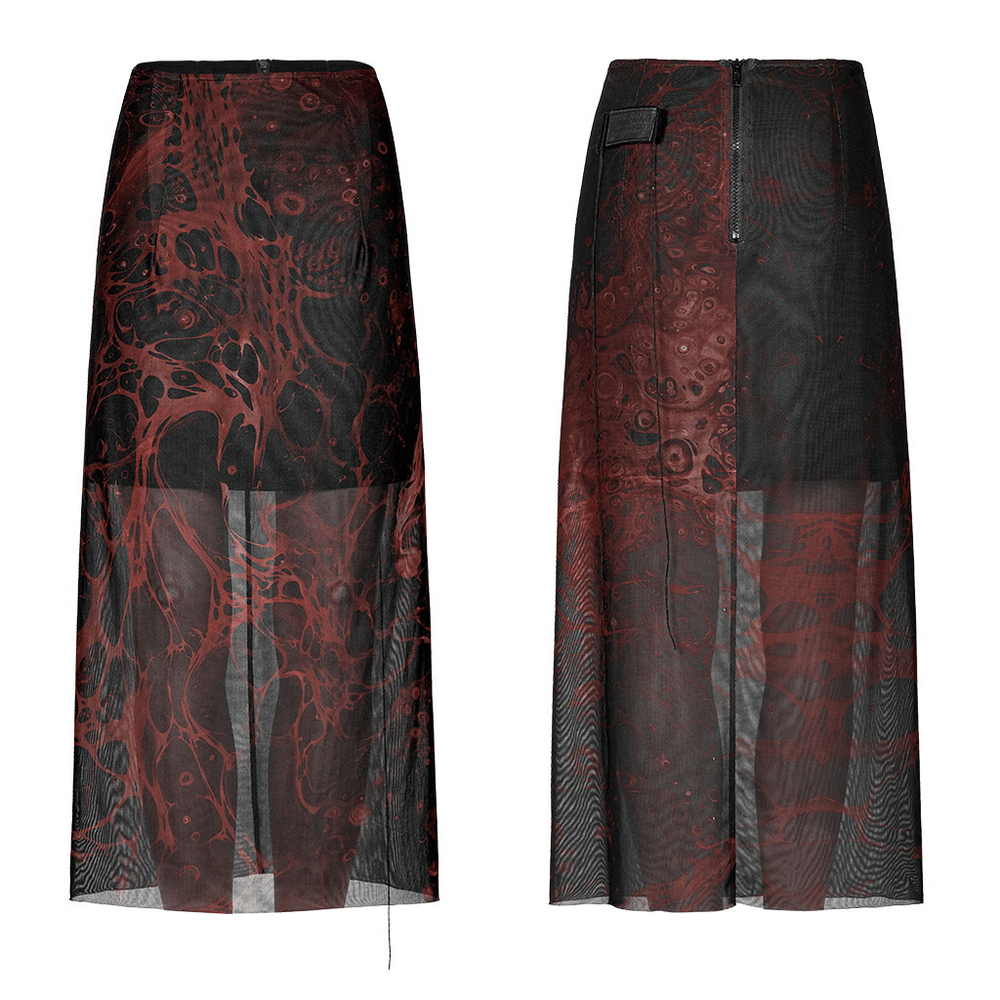 Punk Rave Gothic lava print midi skirt in black and red, featuring a straight-tube silhouette and stylish back zipper.