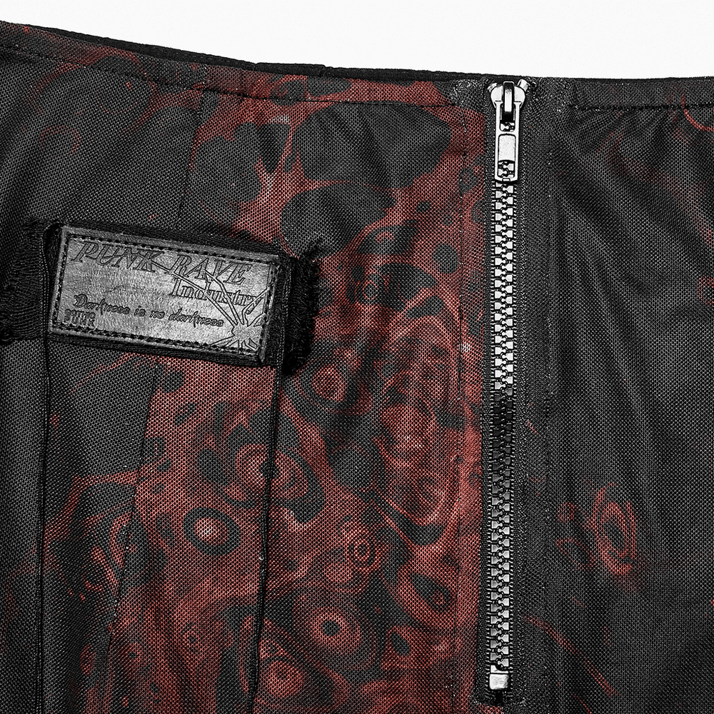 Interior view of Punk Rave Gothic Lava Skirt featuring unique fabric pattern and rubber zipper detail.
