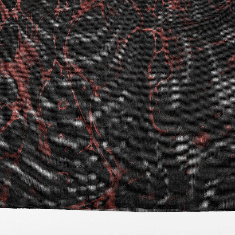 Close-up of Punk Rave Gothic lava skirt fabric showcasing irregular black and red pattern, perfect for edgy fashion lovers.