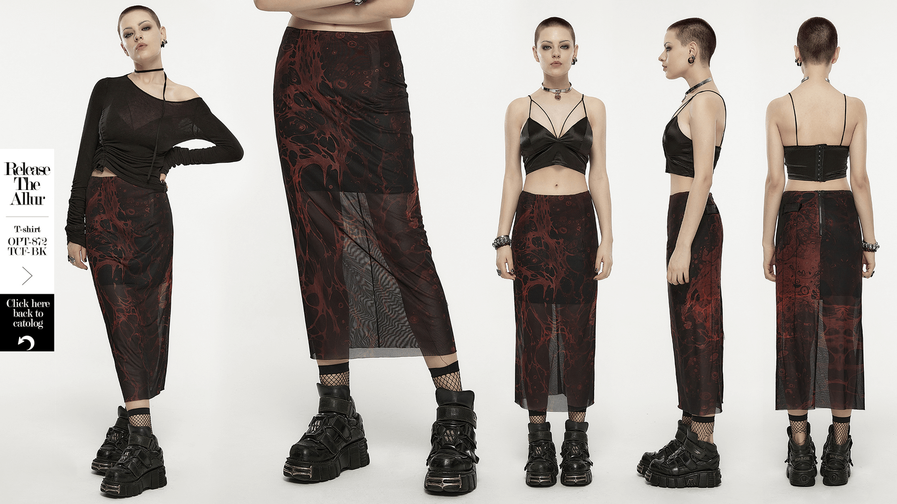 PUNK RAVE Gothic Lava Skirt featuring an irregular printed design, paired with edgy outfits and stylish accessories.