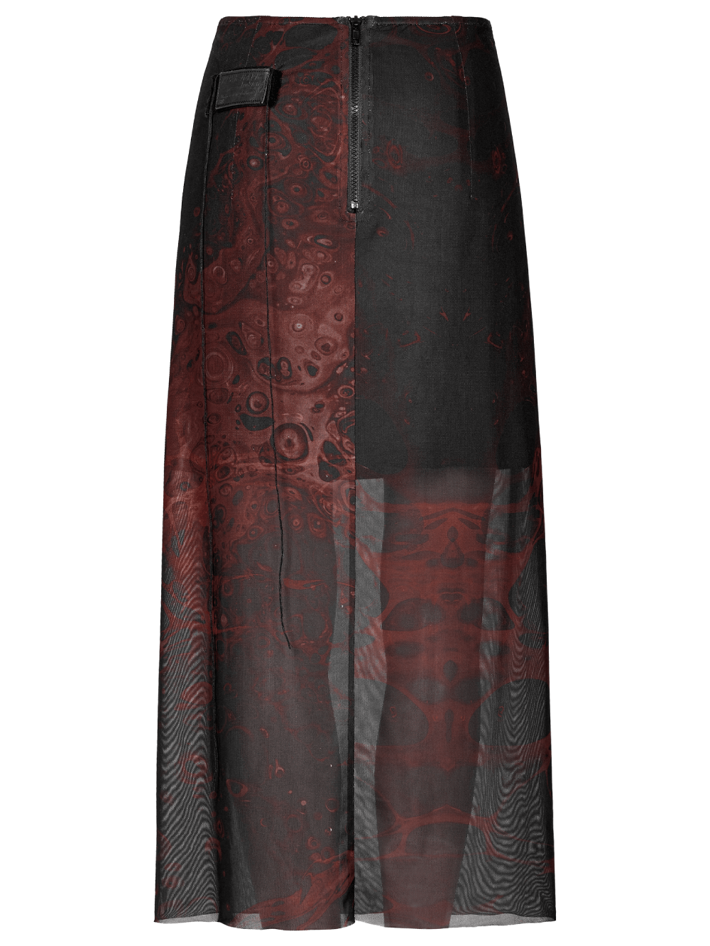 Punk Rave Gothic Lava Midi Skirt featuring irregular printed gauze and a rubber zipper.