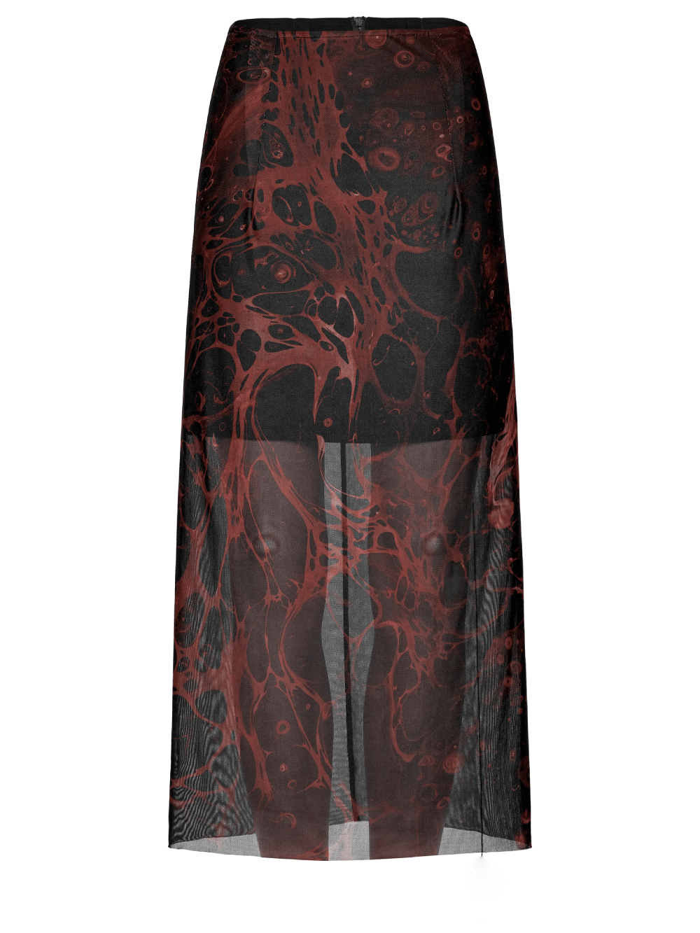 Punk Rave Gothic Lava Midi Skirt with unique irregular red and black printed gauze design, perfect for edgy fashion lovers.