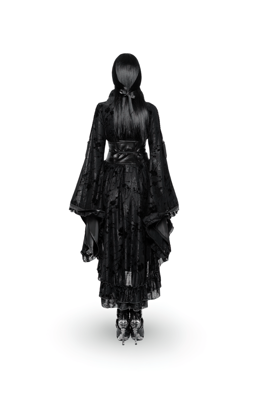 Elegant back view of Punk Rave Gothic Lolita Flocking Lace Kimono Dress, showcasing its flowing design and dark elegance.