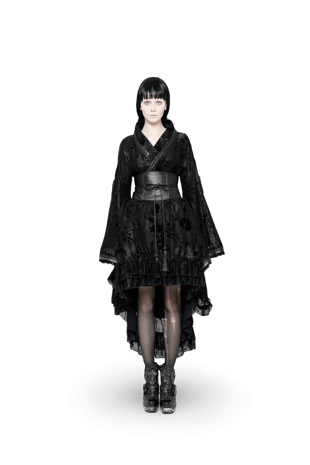 Gothic Lolita Flocking Lace Kimono Dress by Punk Rave, showcasing dark elegance and Victorian-inspired style.