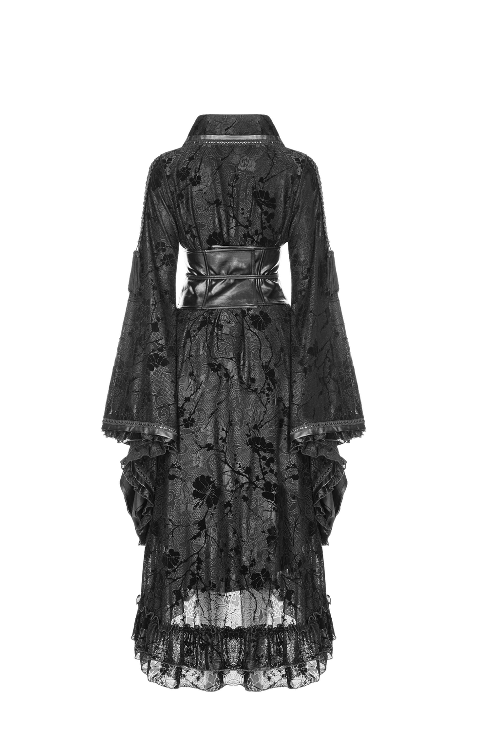 Back view of Punk Rave Gothic Lolita Flocking Lace Kimono Dress featuring intricate lace and a stylish belt.