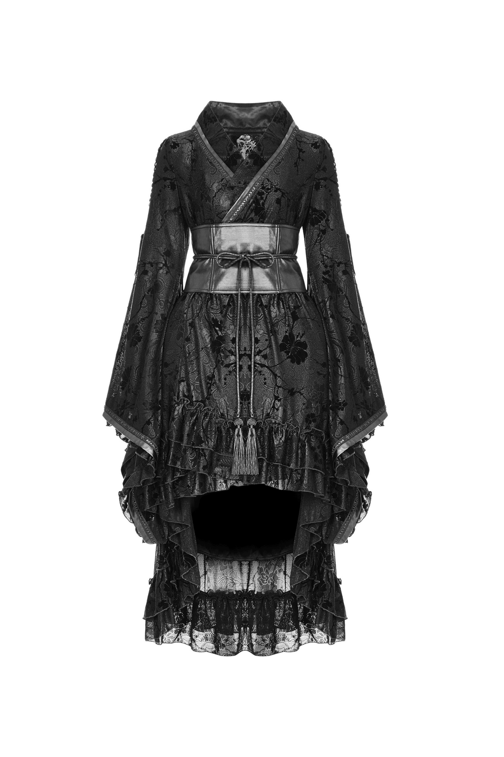 Punk Rave Gothic Lolita Flocking Lace Kimono Dress, featuring a dramatic silhouette and Victorian-inspired details.