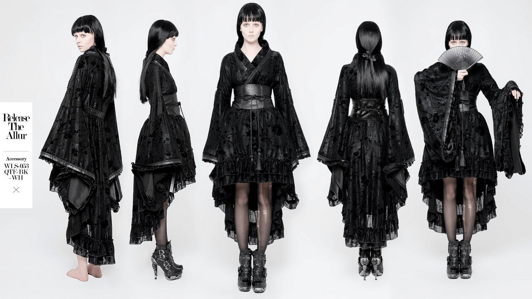 Punk Rave Gothic Lolita Flocking Lace Kimono Dress showcasing flowing black fabric and elegant Victorian style.
