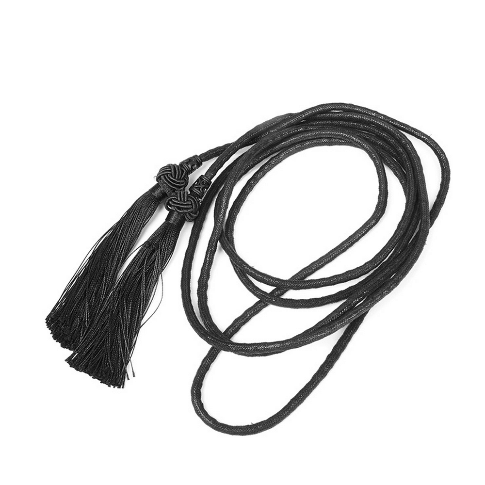 Elegant black tassel ropes with intricate knots, perfect for gothic styling and accessorizing various outfits.