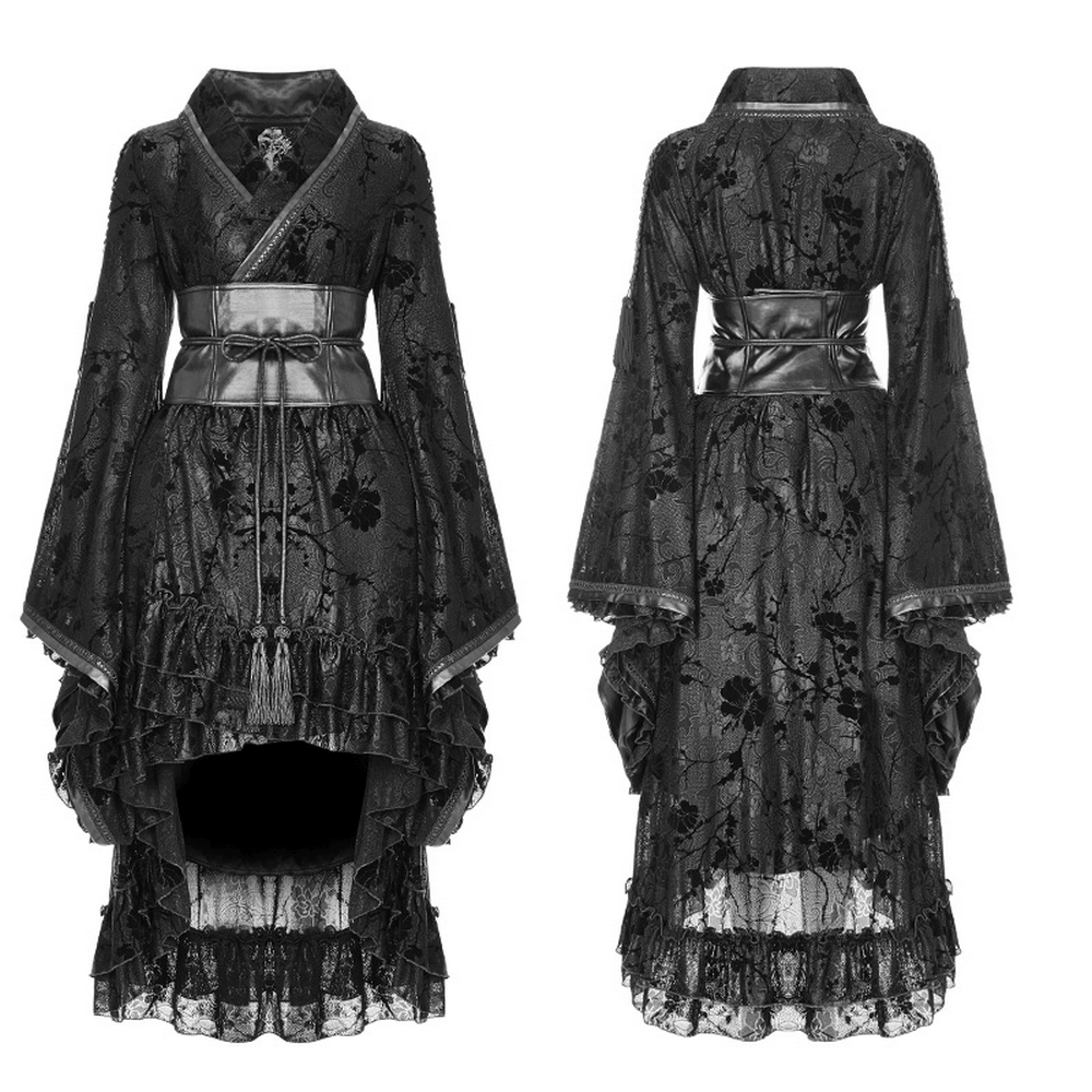 Punk Rave Gothic Lolita Flocking Lace Kimono Dress with satin lining and ruffled hem for a dramatic look.