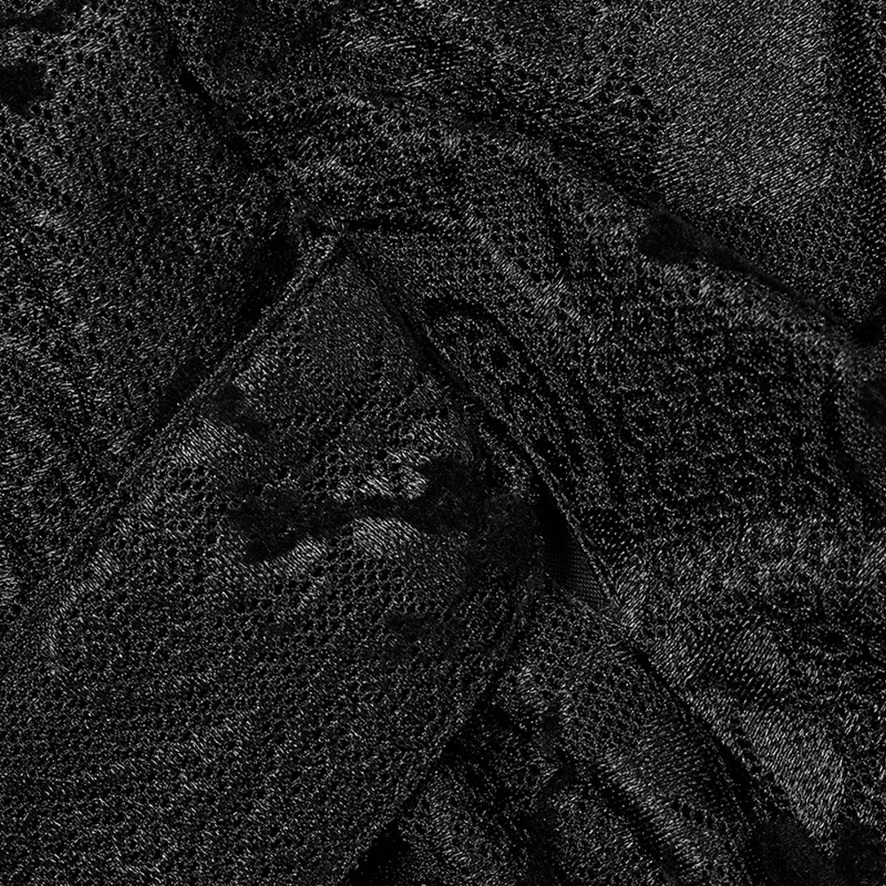 Close-up of black flocking lace texture, featuring intricate patterns ideal for a Gothic Lolita kimono dress.