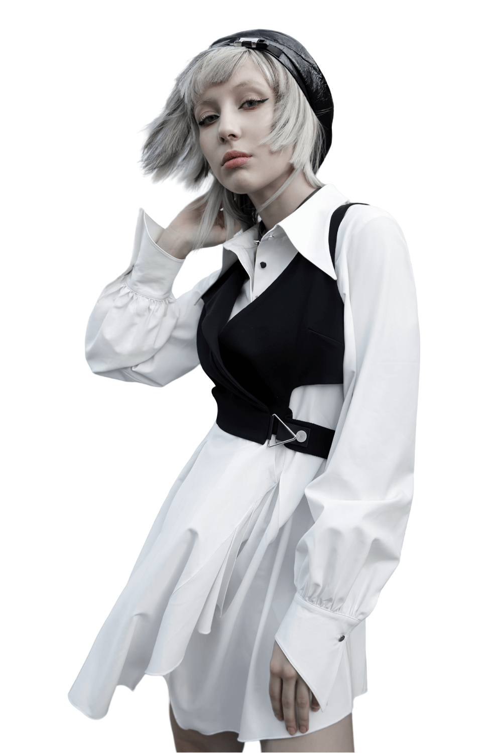 Model showcasing Punk Rave Gothic White Swallowtail Shirt Dress with asymmetrical hem and dramatic silhouette.