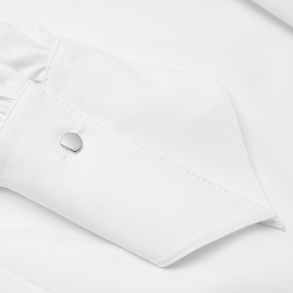 Close-up of the cuff detail on the Punk Rave Gothic White Swallowtail Shirt Dress with stylish button.