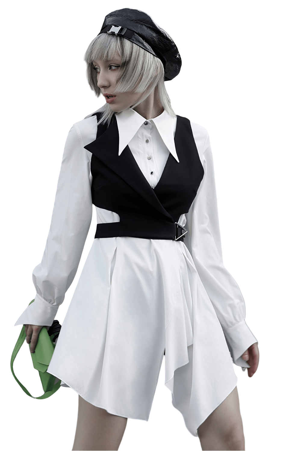 Model showcasing Punk Rave Gothic White Swallowtail Shirt Dress with asymmetrical hem and stylish accessories.