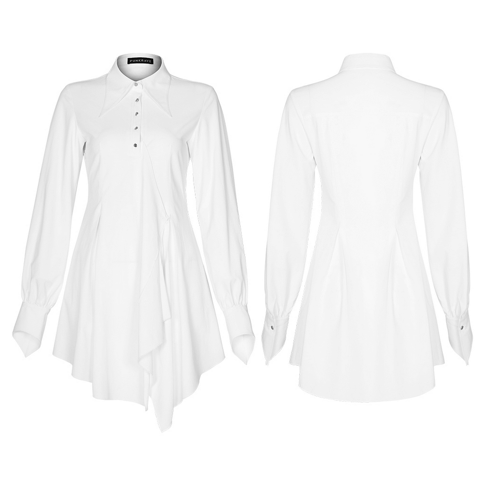 Punk Rave Gothic white swallowtail shirt dress with long sleeves and asymmetrical hem, front and back view.