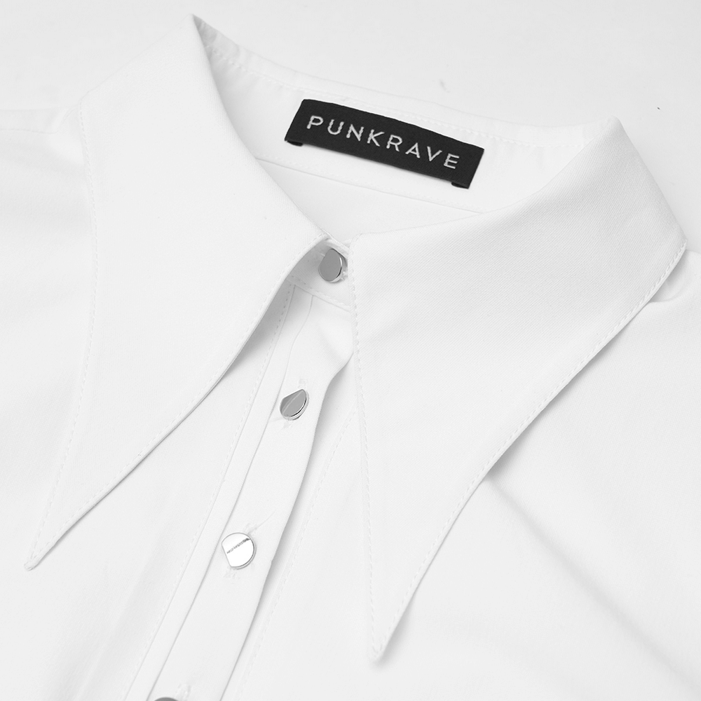 Close-up of Punk Rave Gothic white shirt dress collar with logo, showcasing elegant details and stylish design.