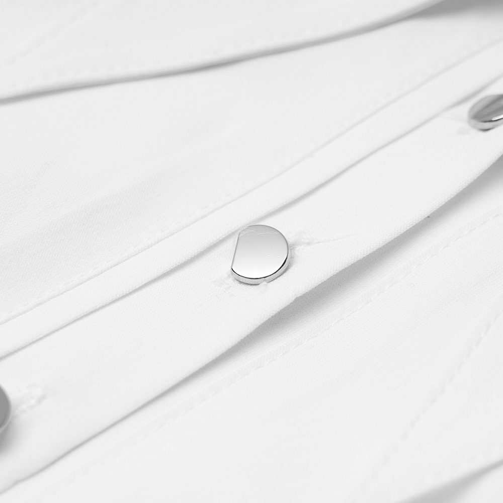 Detail of buttons on the Punk Rave Gothic White Swallowtail Shirt Dress, showcasing stylish silver accents and fabric texture.