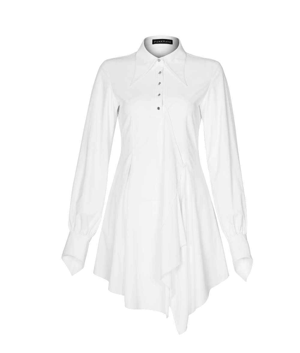 Punk Rave Gothic White Swallowtail Shirt Dress with asymmetrical hem and long sleeves for a stylish dark look.