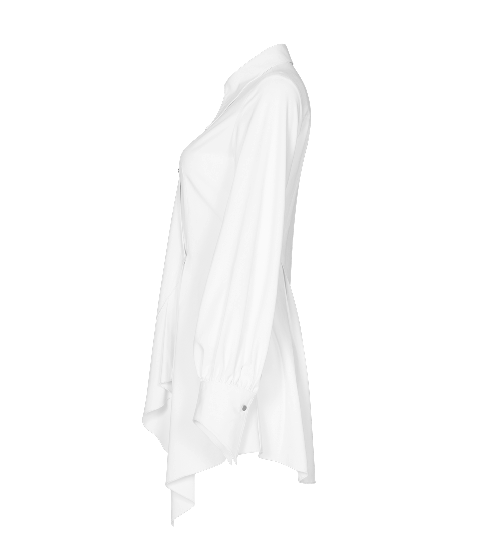 Side view of Punk Rave Gothic White Swallowtail Shirt Dress with asymmetrical hem and flowing sleeves.