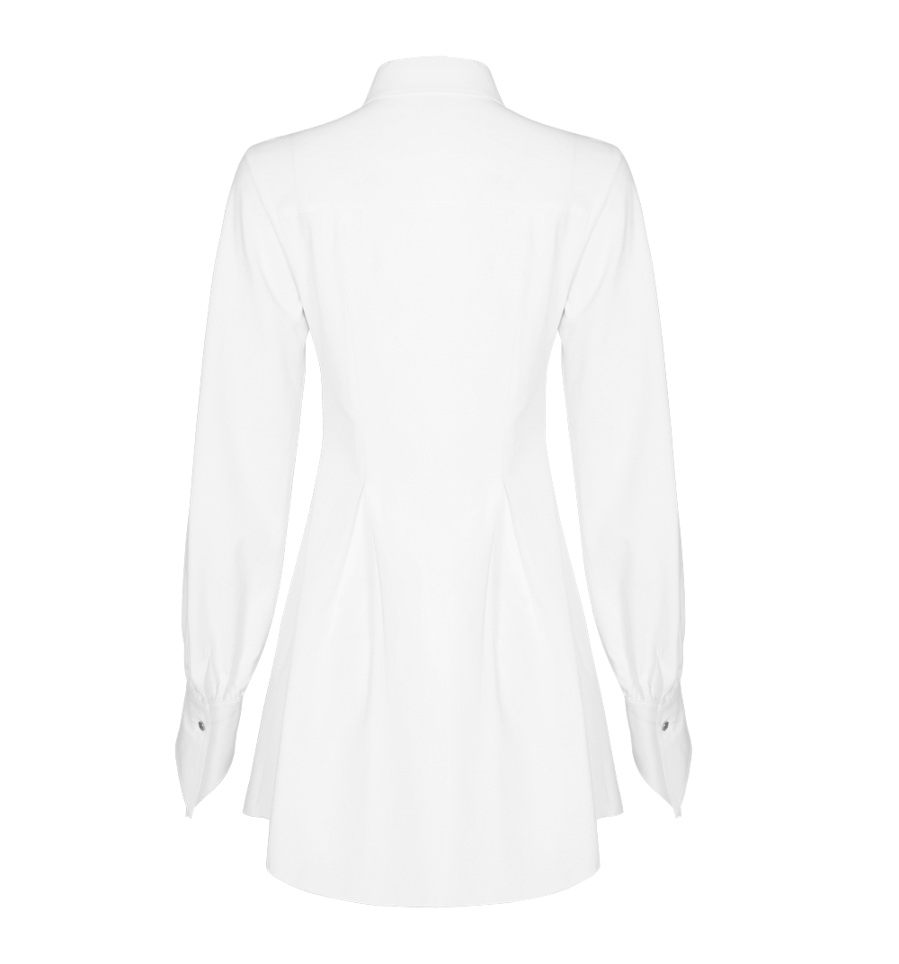 Back view of Punk Rave Gothic white swallowtail shirt dress with long sleeves and a flattering fit.