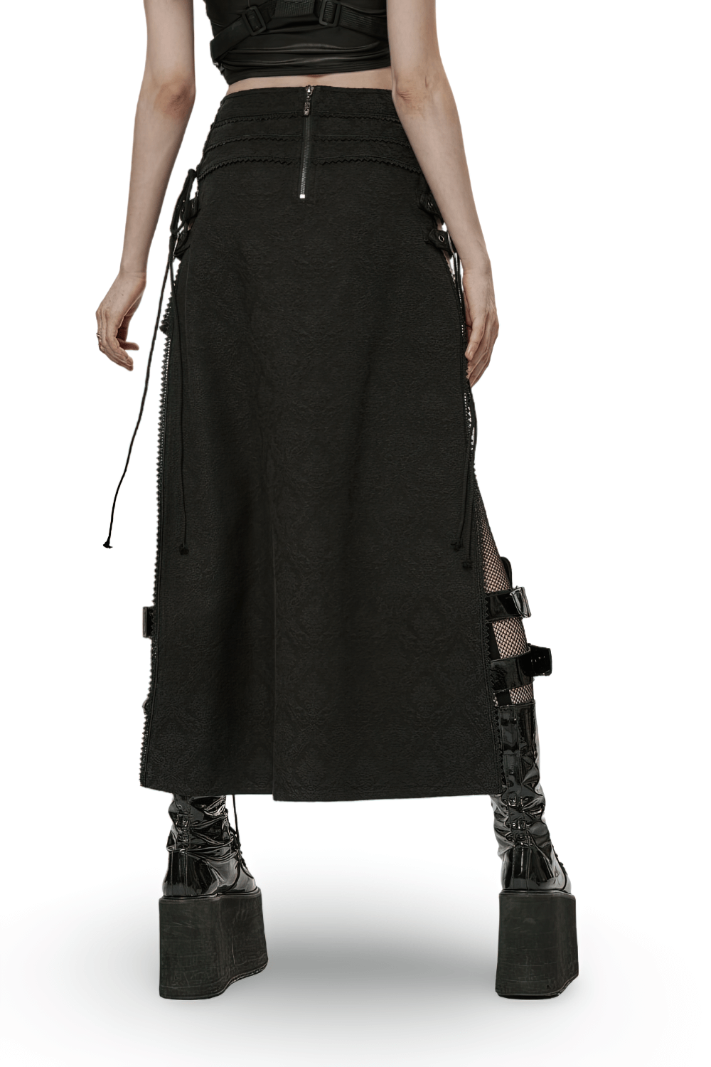 Back view of Punk Rave high-low jacquard skirt with adjustable strings, featuring a gothic aesthetic and edgy design.