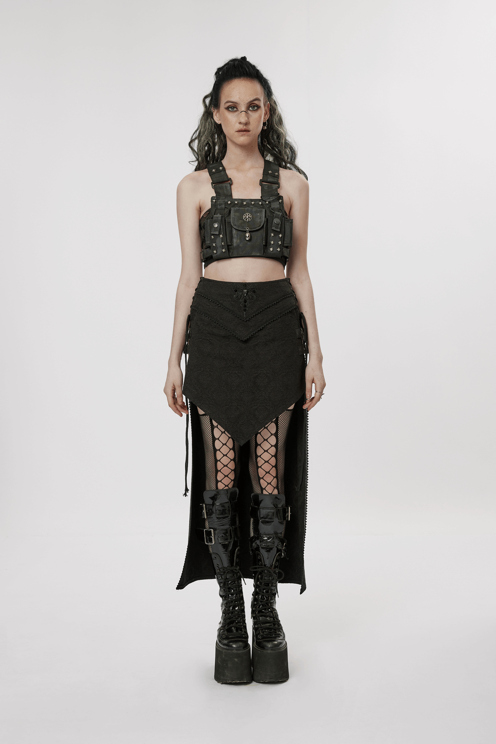 Model showcasing a Punk Rave high-low asymmetrical jacquard skirt with edgy style and Gothic elements.