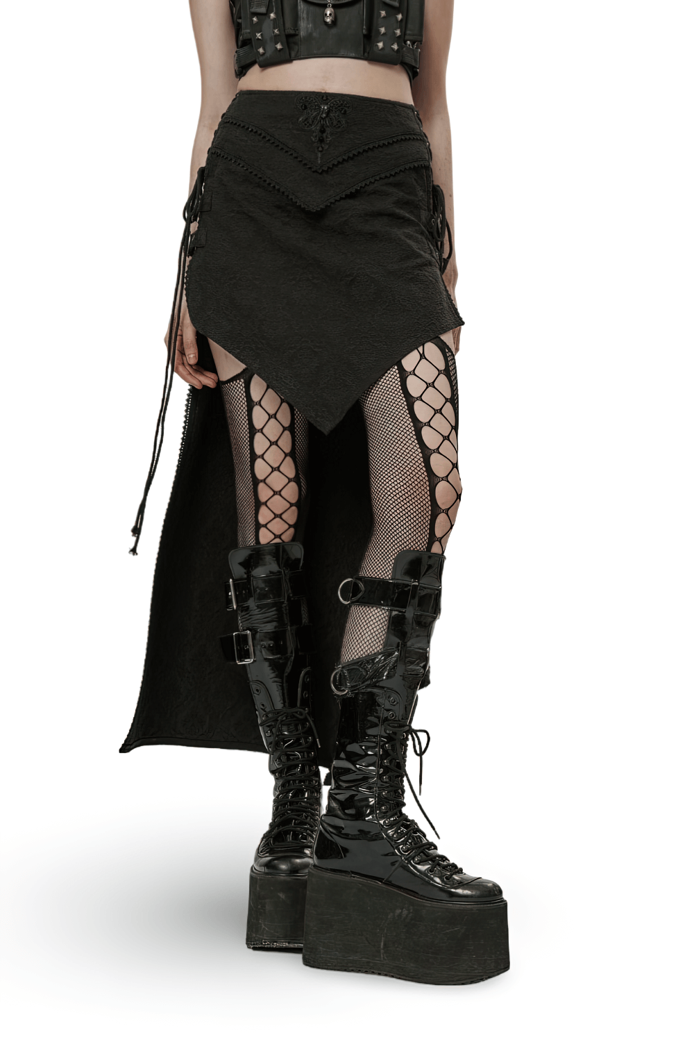Punk Rave high-low asymmetrical jacquard skirt, paired with fishnet tights and platform boots for an edgy, Gothic look.