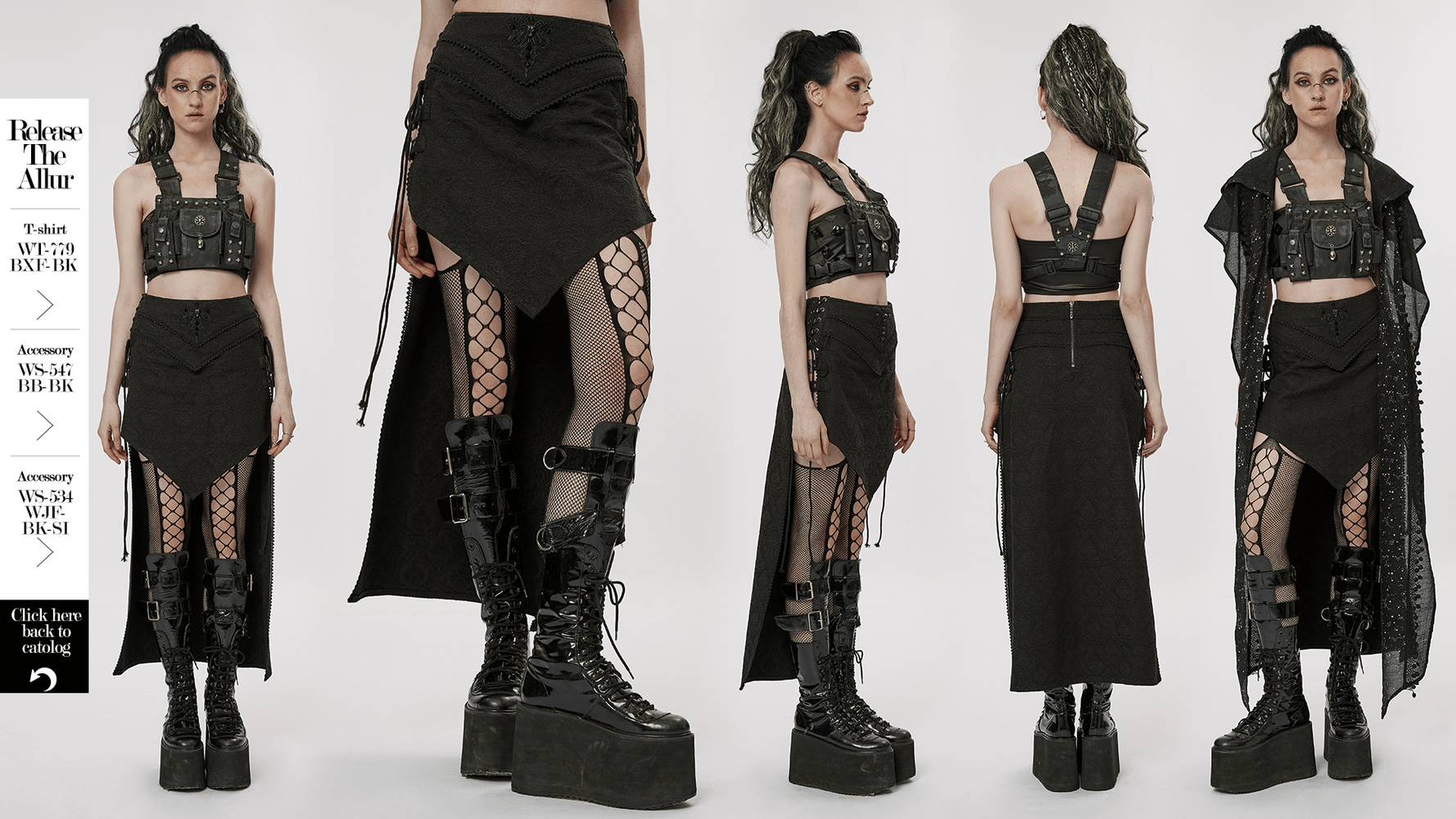 Model showcasing a Punk Rave high-low asymmetrical jacquard skirt paired with edgy accessories and platform boots.