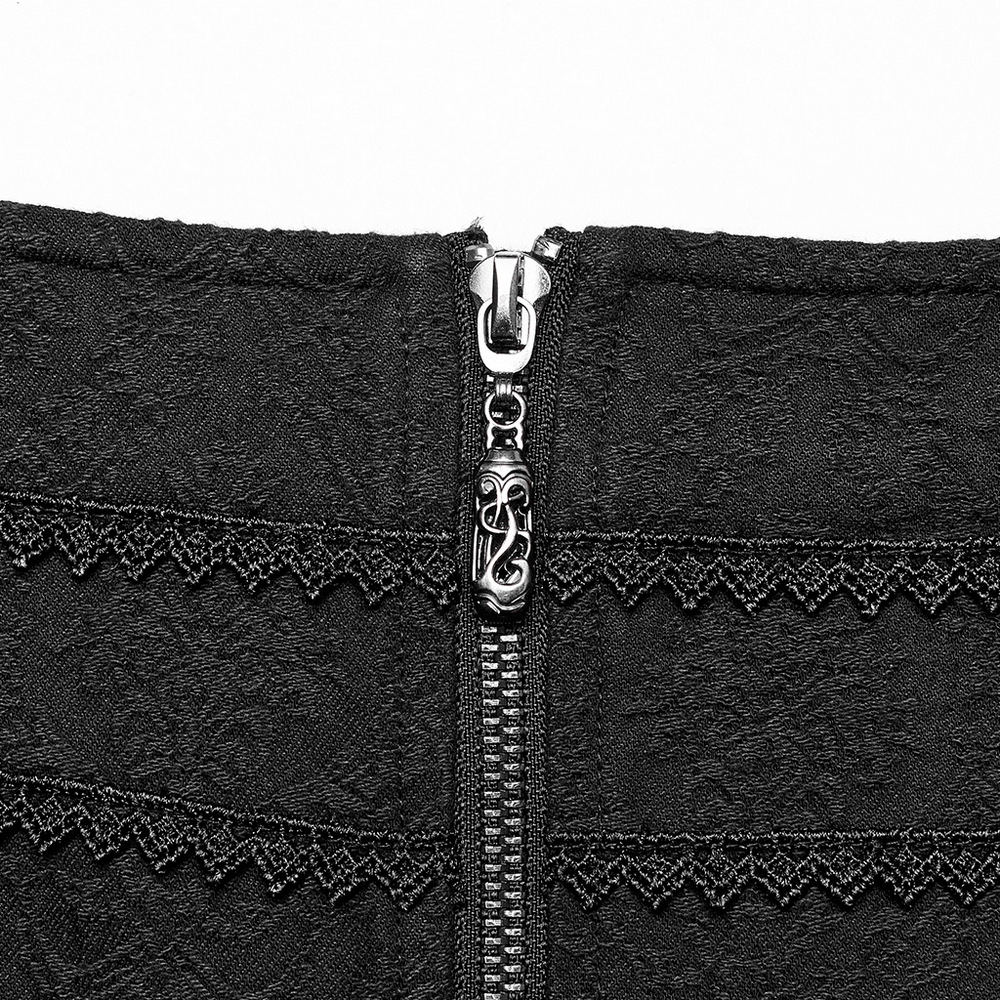 Close-up of the zip and lace detail on the back of the Punk Rave high-low jacquard skirt. Perfect gothic elegance.