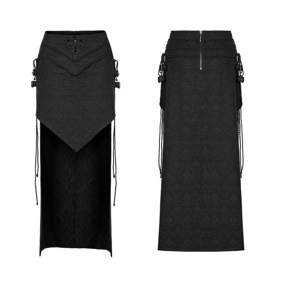 Punk Rave high-low asymmetrical jacquard skirt showcasing edgy design with lace and adjustable strings.