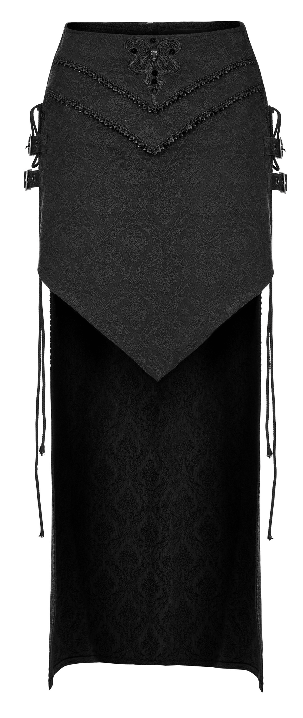 Punk Rave high-low asymmetrical jacquard skirt with lace details and adjustable sides, perfect for a Gothic-inspired look.