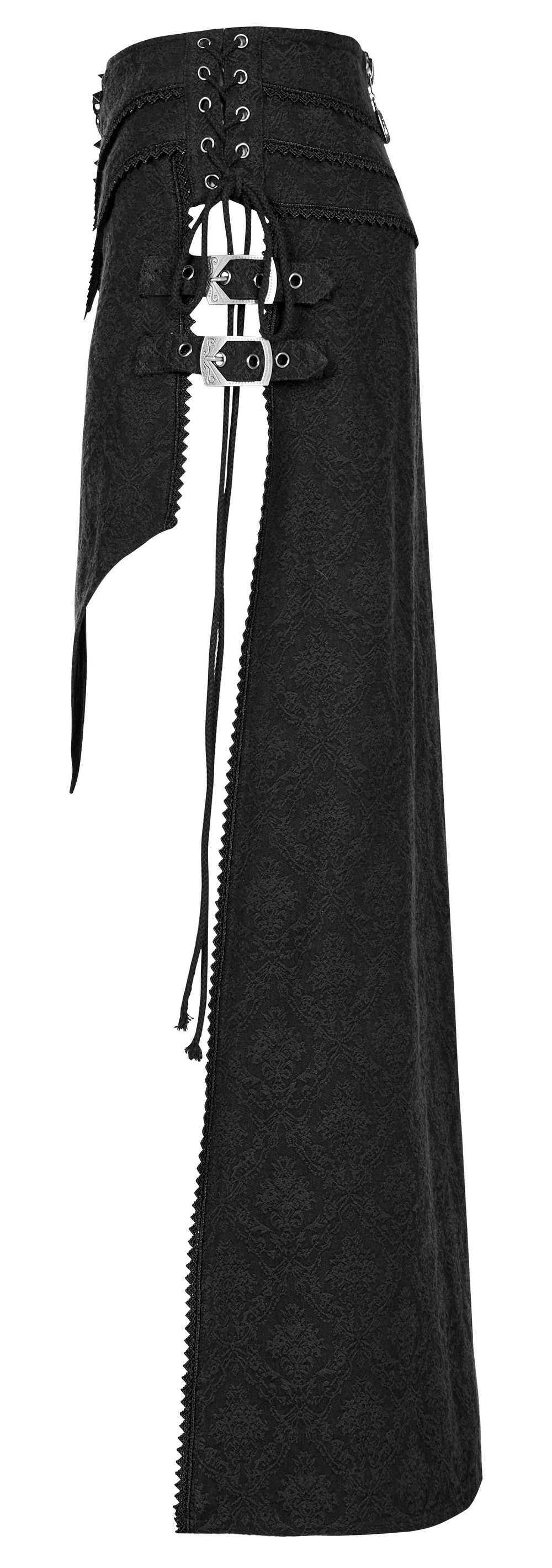 Punk Rave high-low asymmetrical jacquard skirt featuring lace-up details and edgy A-line design.