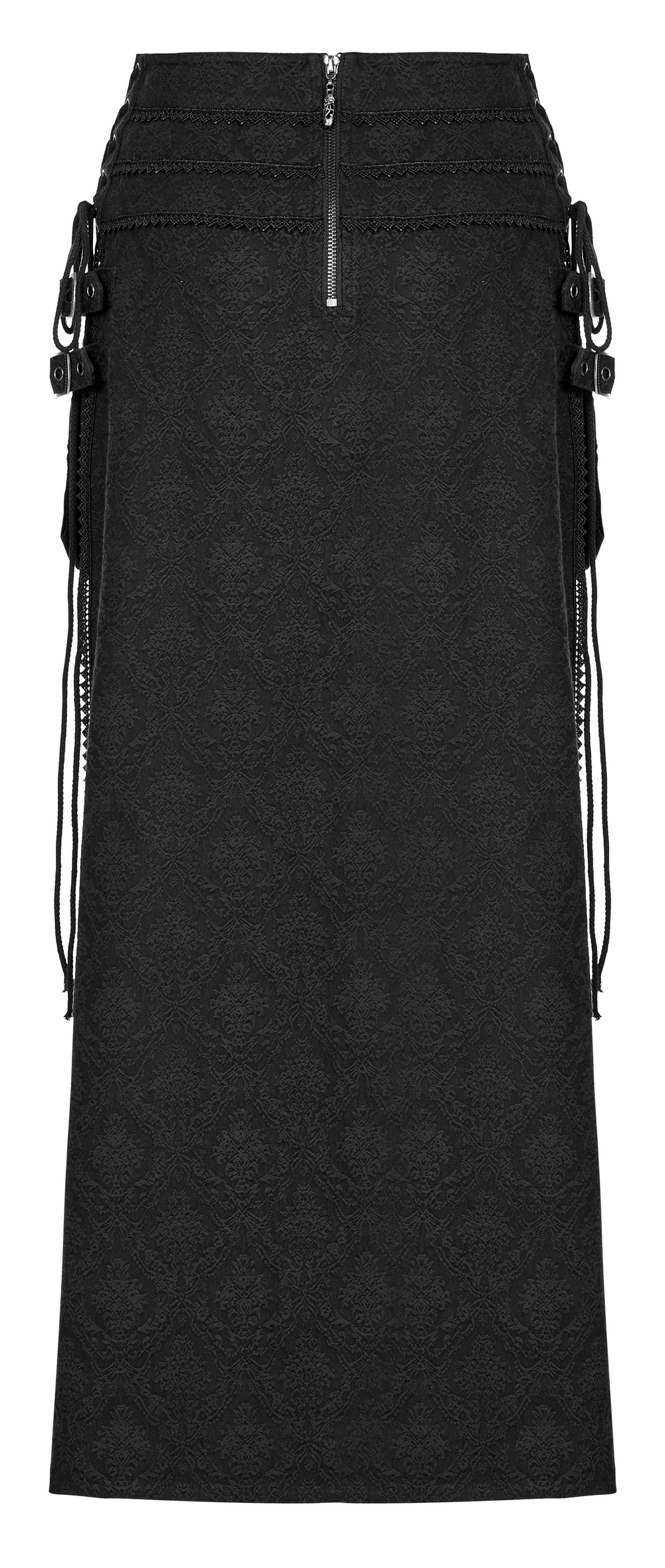 Punk Rave high-low asymmetrical jacquard skirt with adjustable strings and lace details, showcasing edgy Gothic elegance.