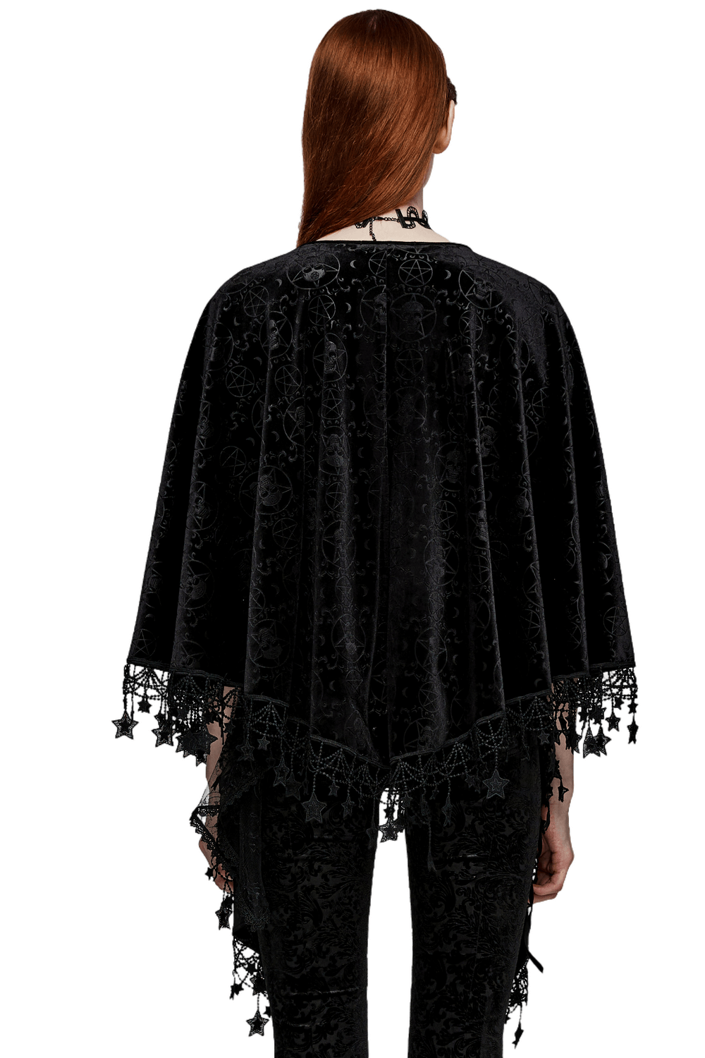 Back view of the Punk Rave Occult Pentagram Cape in black velvet with tassels and lace detailing.