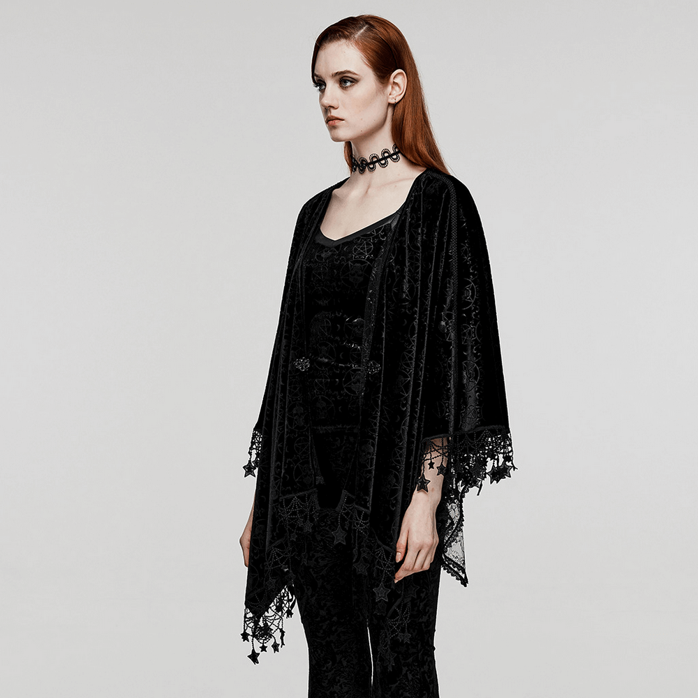 Punk Rave Occult Pentagram Cape in black velvet with lace detailing, perfect for gothic-inspired fashion and mystical looks.