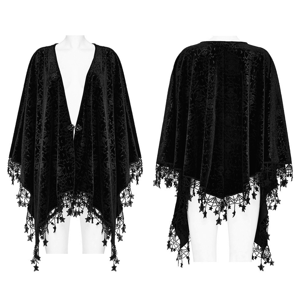 Punk Rave Occult Pentagram Cape in soft black velvet with pentacle tassels and lace detailing, perfect for gothic looks.