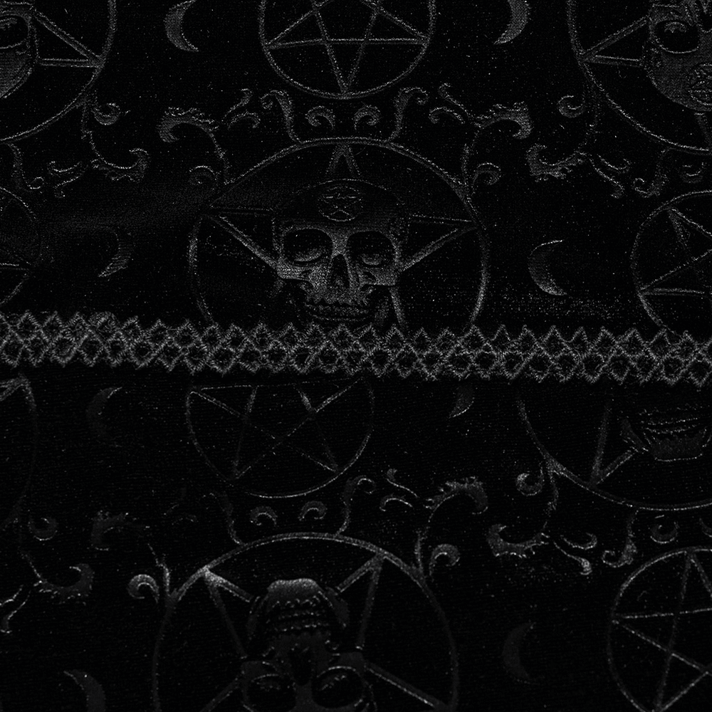 Close-up of embossed velvet fabric with gothic skulls and pentagram patterns, perfect for a dark and mystical aesthetic.