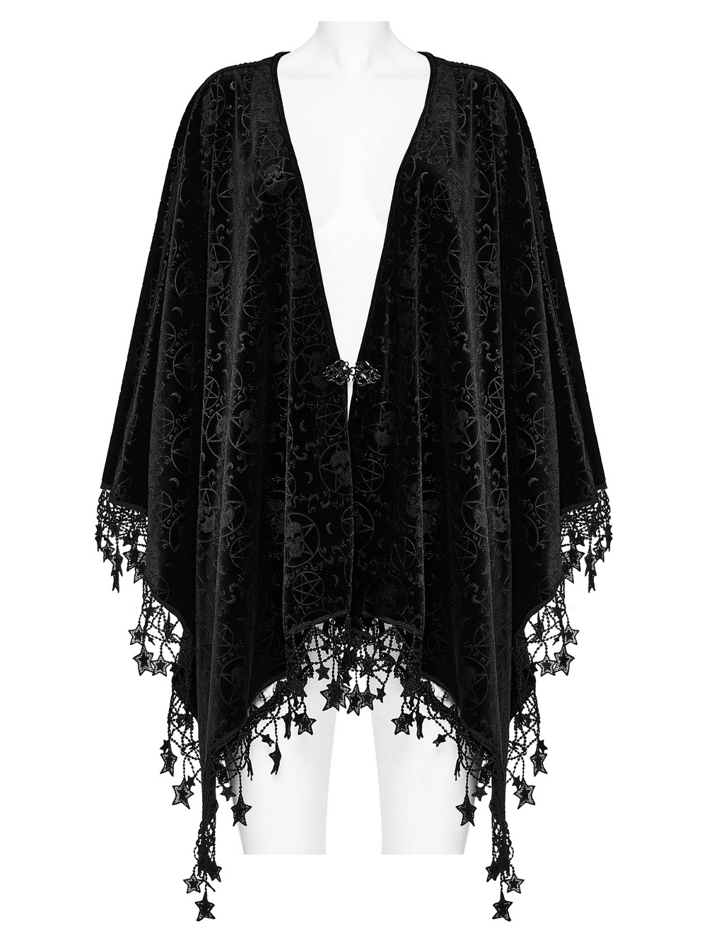 Gothic velvet shawl with pentagram tassels and lace trim, perfect for dark fashion enthusiasts.