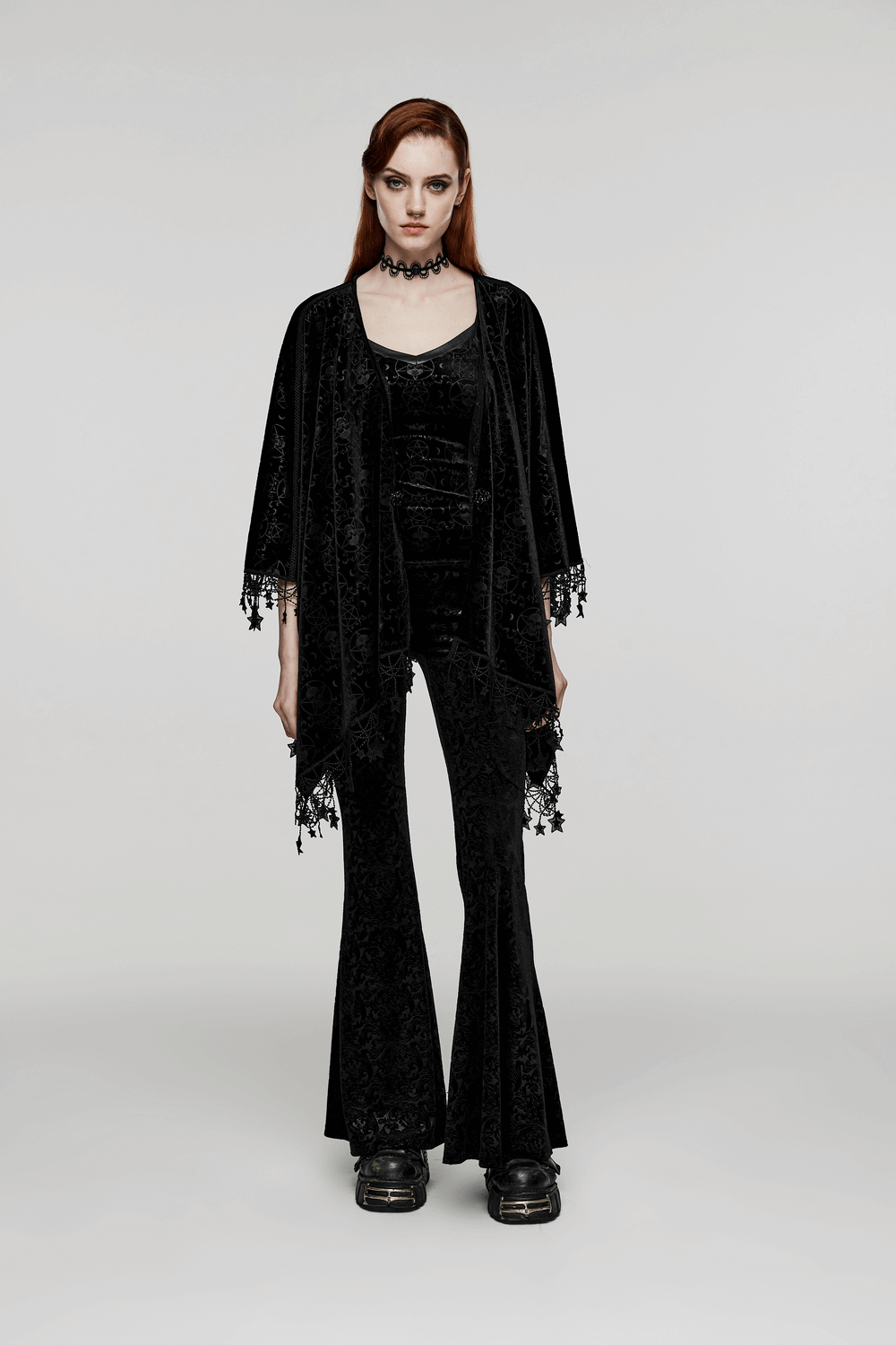 Model wearing Punk Rave Occult Pentagram Cape, featuring velvet, lace, and pentacle tassels in a gothic style.