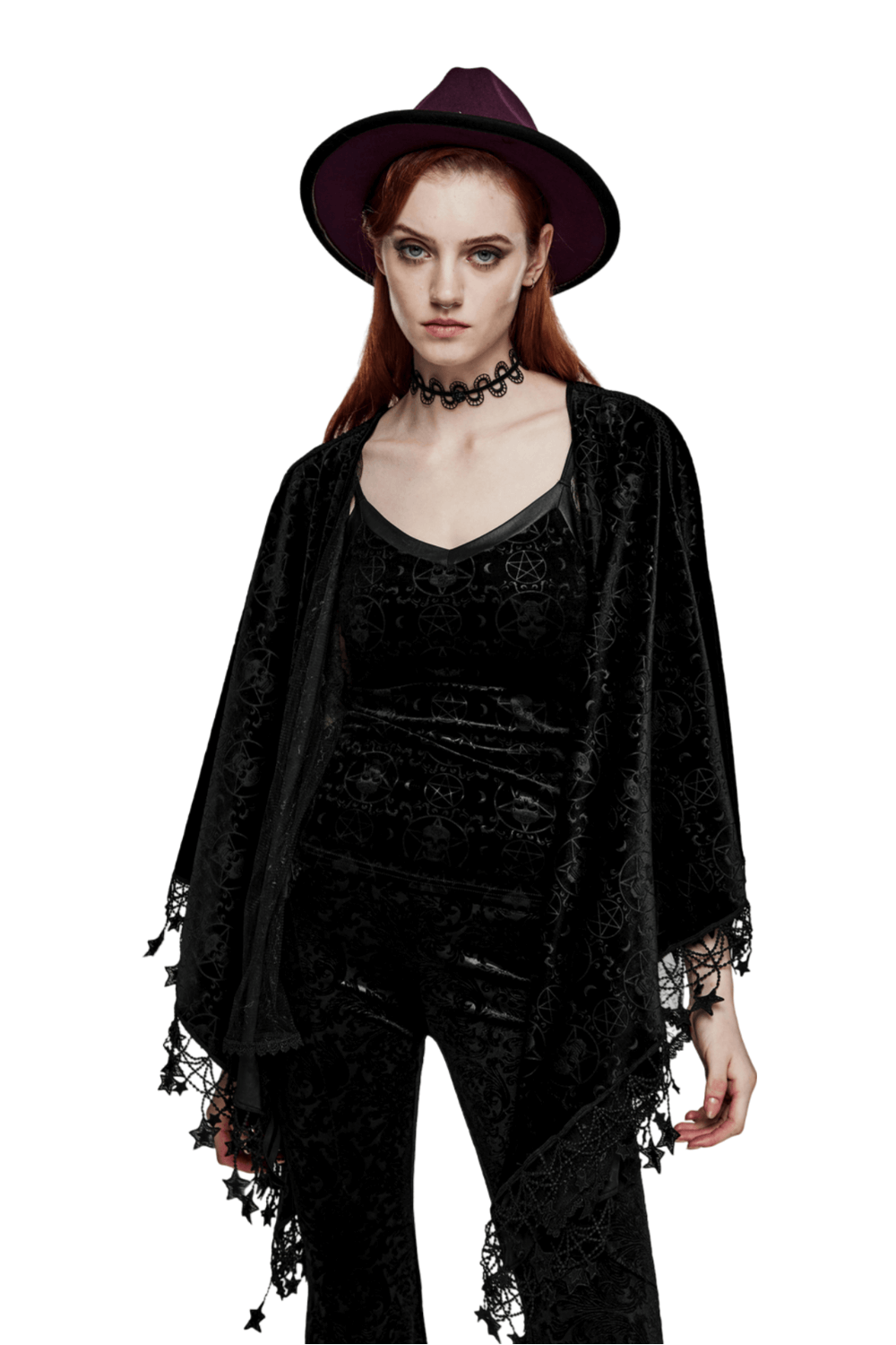 Model showcasing Punk Rave Occult Pentagram Cape in black velvet, styled with hat and choker for a gothic look.