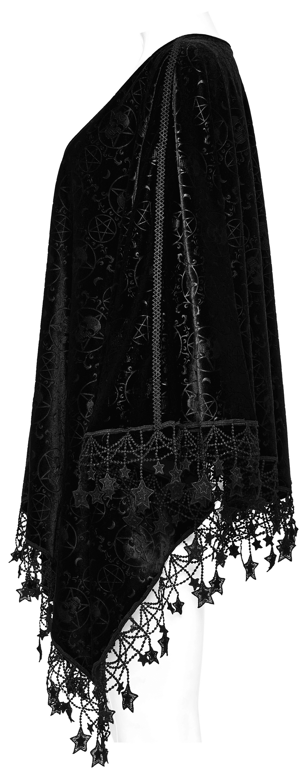 Elegant black velvet cape with intricate lace detailing and pentacle tassels, perfect for a gothic look.