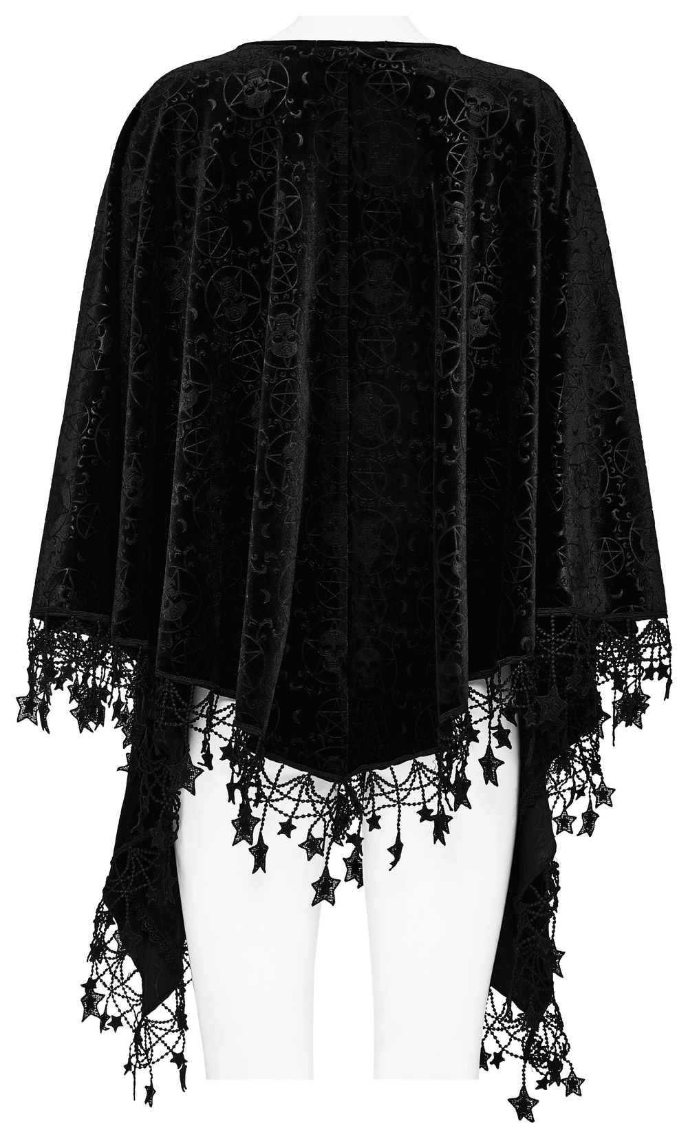 Black velvet punk rave occult pentagram cape with lace detailing and tassels, perfect for gothic fashion lovers.