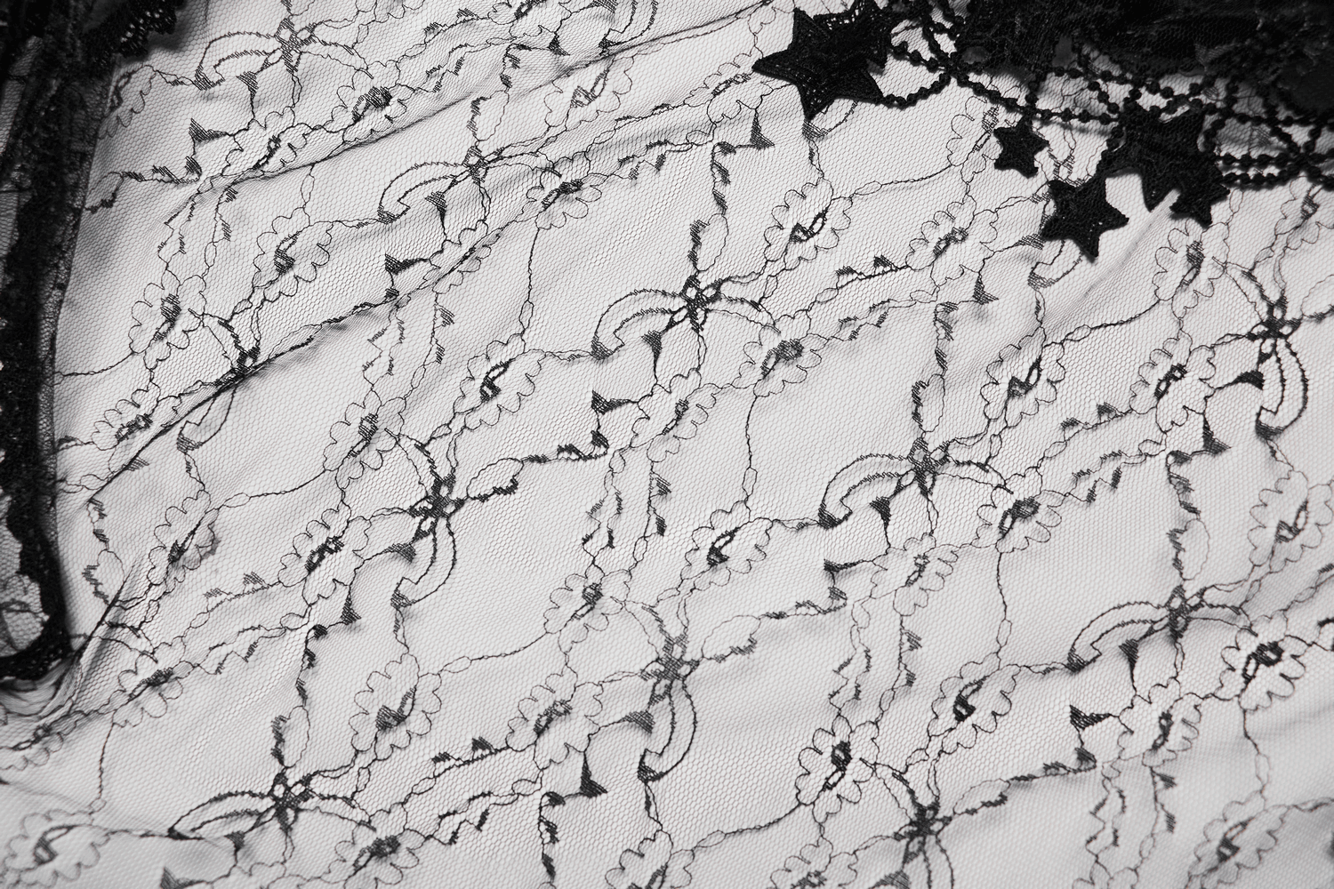 Close-up of intricate black lace featuring star patterns and floral designs, perfect for gothic fashion.