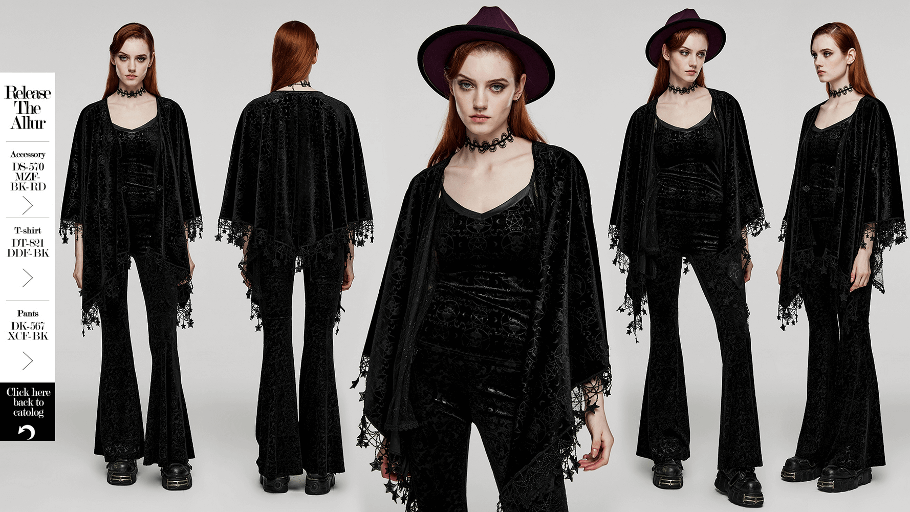 Women modeling the Punk Rave Occult Pentagram Cape with velvet finish, lace detailing, and pentacle tassels.