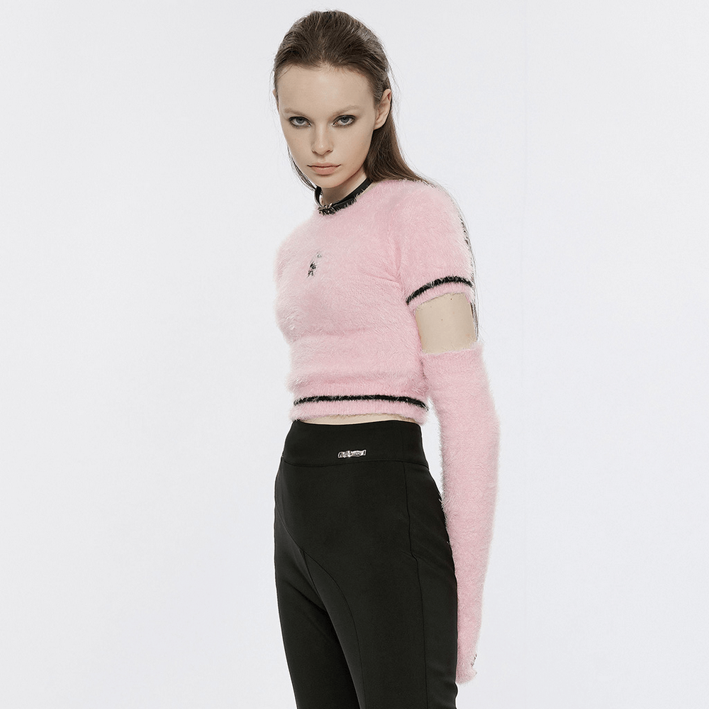 Punk Rave pink faux fur crop sweater with cherry skull embroidery and long arm sleeves for edgy fashion.