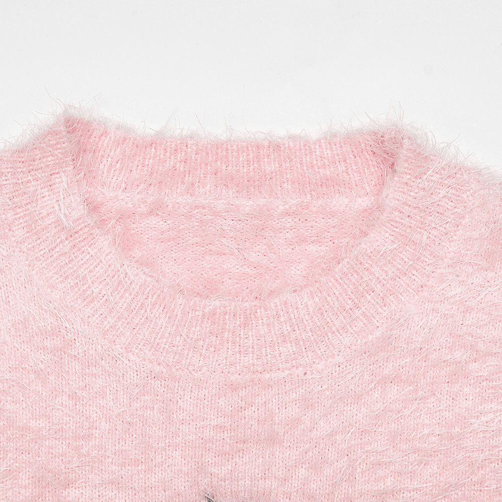 Punk Rave pink faux fur crop sweater neckline, showcasing soft texture and cozy vibes.