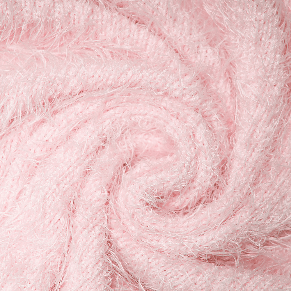 Soft pink faux fur fabric in a swirling pattern, perfect for creating edgy punk fashion pieces.